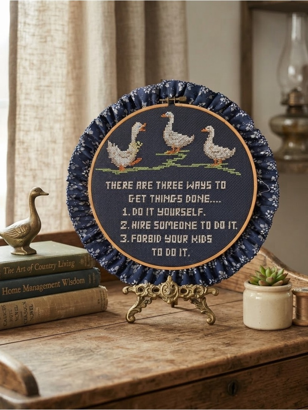 Decorative Navy Goose Cross-Stitch Hoop with Ruffled Edge